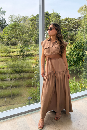 PTJ0062 vestido largo color camel con correa