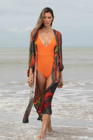 PTJ01531 vestido de baño entero color naranja con lazos en la espalda