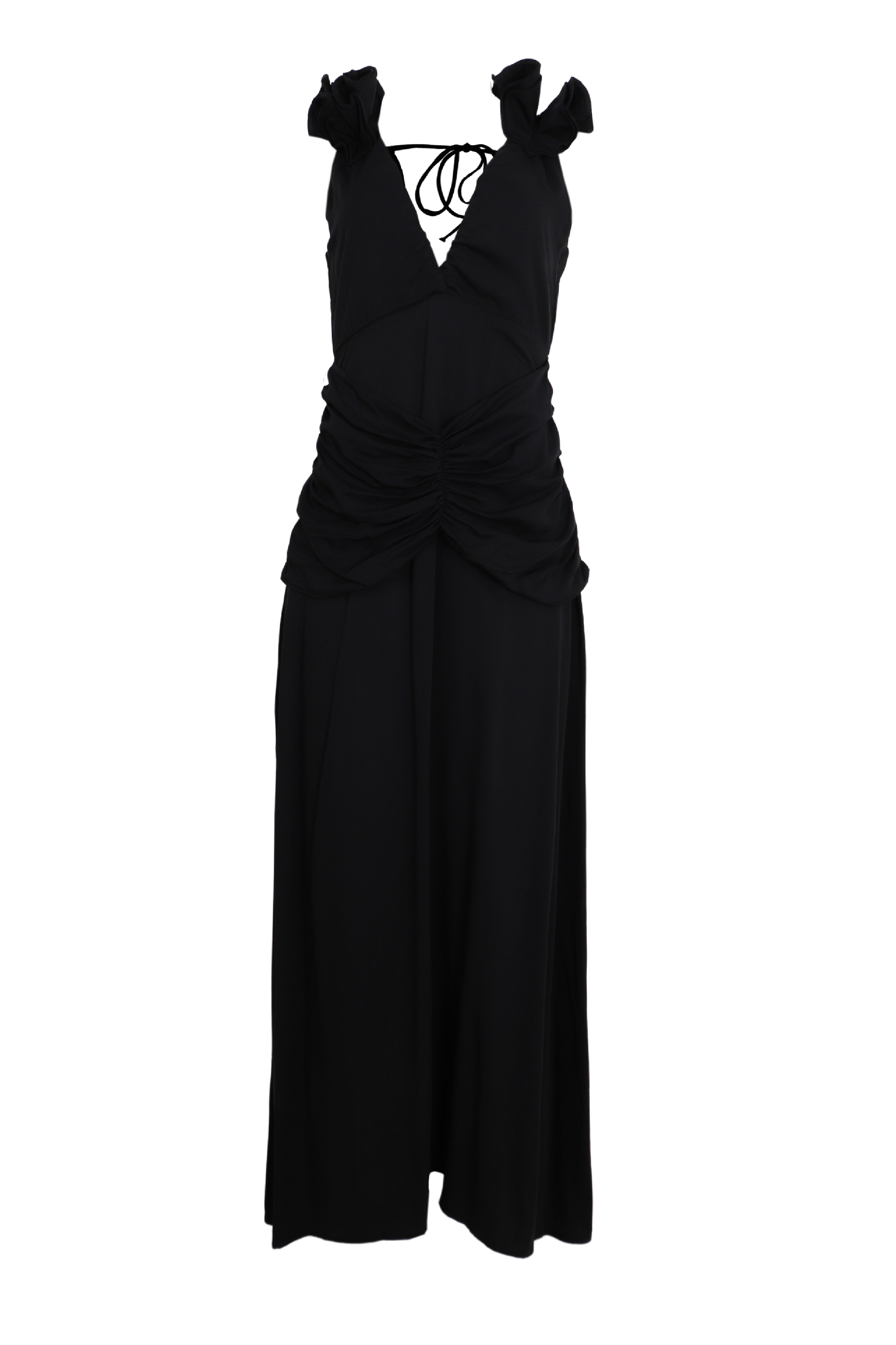 Hermoso vestido largo drapeado con detalles en los hombros color negro