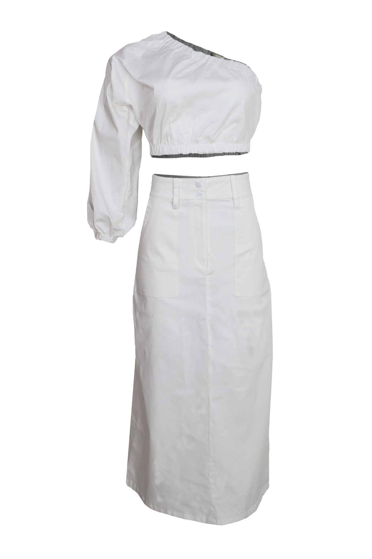 Set de blusa asimétrica con falda larga recta color blanco