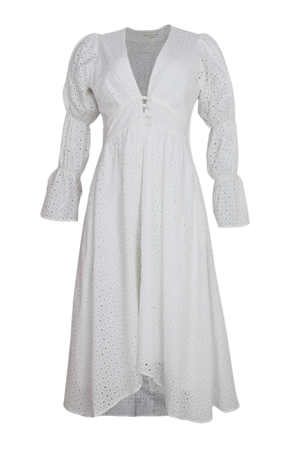 Vestido largo de ojalillo con escote y manga larga color blanco