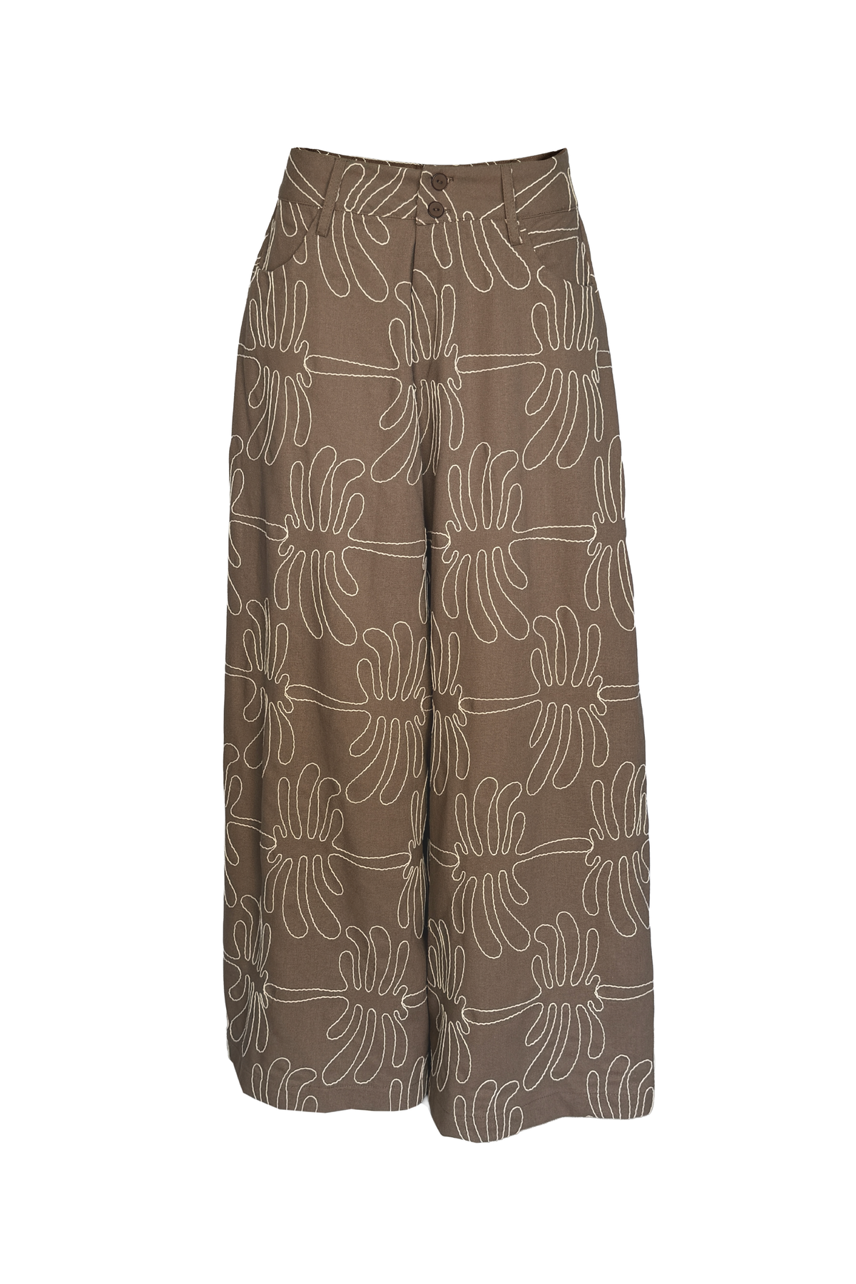 PTJ300010 pantalón bordado palazzo café