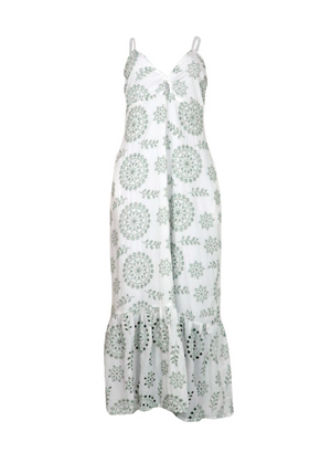 Vestido blanco y verde en ojalillo.