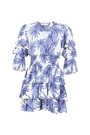 Vestido corto con estampado azul y blanco.