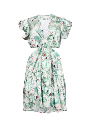 Vestido verde con escote en la espalda y boleros en las mangas.