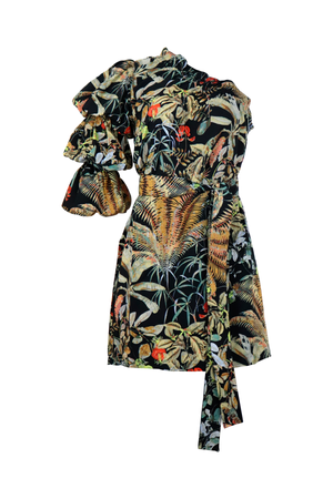 Vestido asimétrico con estampado natural en tonos oscuros.