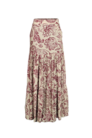 Falda larga en beige con estampado vinotinto.