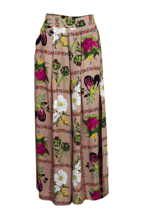 Pantalón palazzo con estampado de flores, verduras