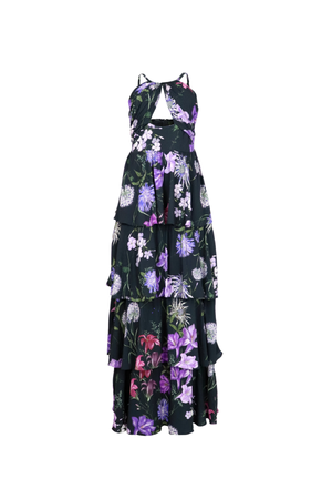 Vestido negro con estampado lila.