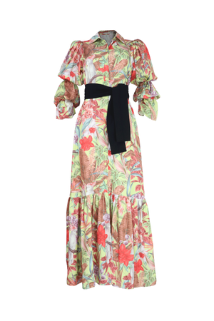 Vestido largo estampado fondo beige con cinturón negro