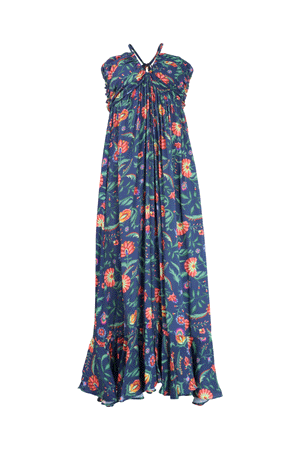 Vestido azul de tiras con drapeado en busto.