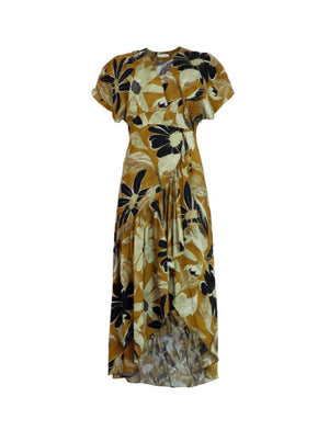 Vestido midi con manga rodada y estampado camel con negro.