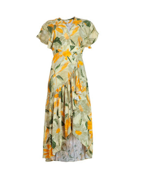 Vestido midi con manga rodada y estampado arena con verde.