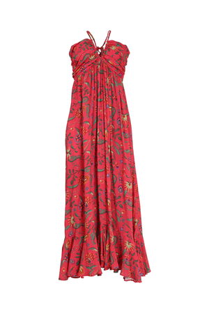 Vestido rojo de tiras con drapeado en busto.