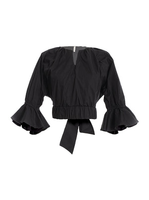 Blusa manga larga con cuello en v y tiras en la espalda negro