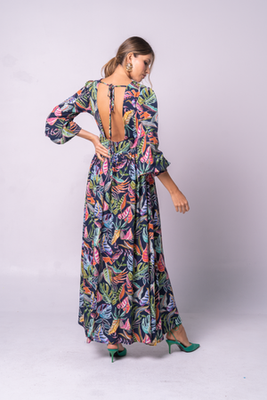 Vestido manga larga fondo azul oscuro