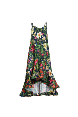 Vestido largo de tiras con corte asimétrico en la falda y cintilla ondulada en el ruedo.