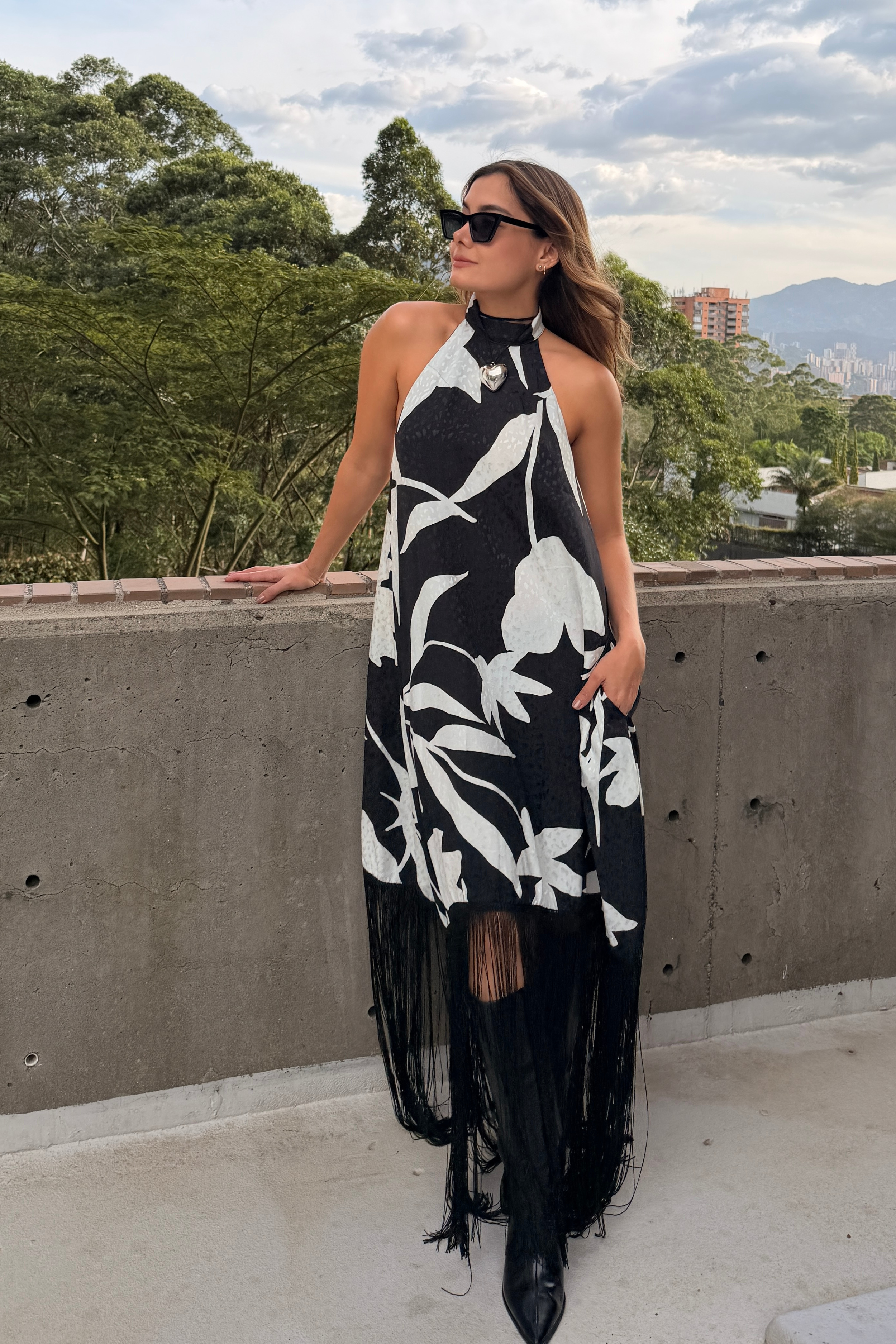 PTJ0068 vestido con flecos y estampado 