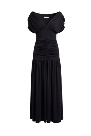 PTJ0092 vestido negro con mangas y drapeados 