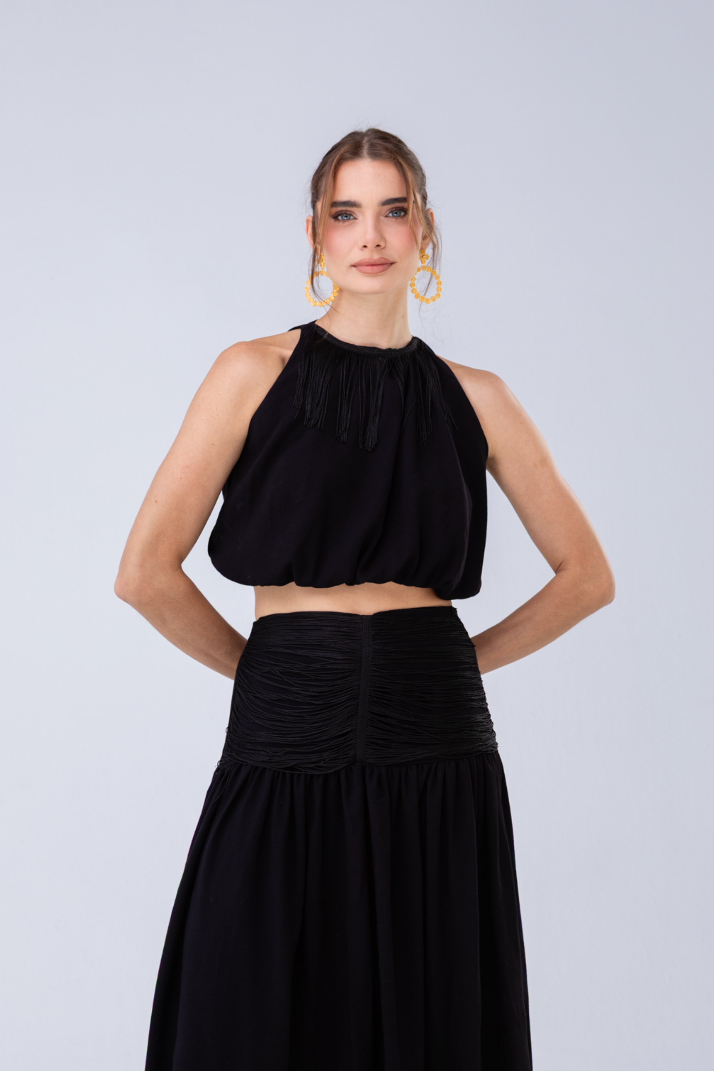 PTJ0103 blusa con flecos y sin cuello 