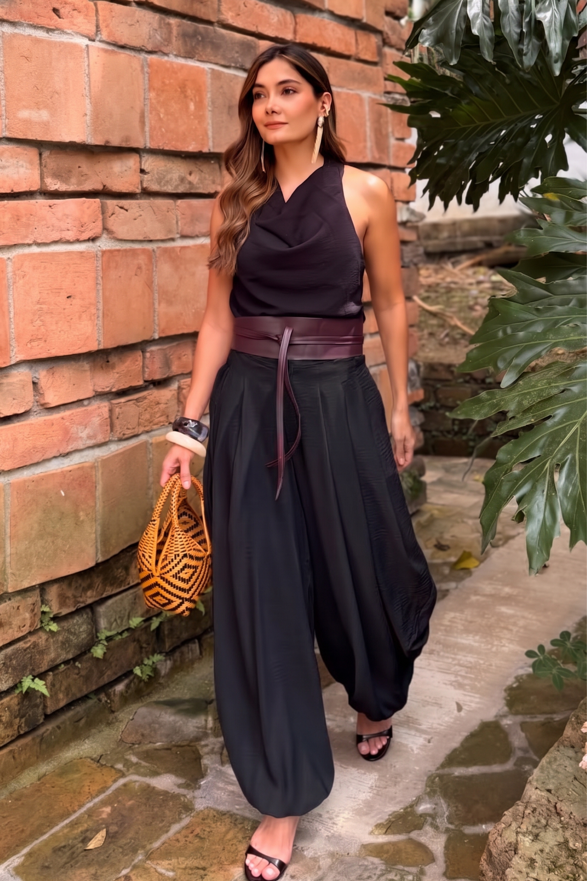 PTJ0147 pantalón aladino con correa y camiseta negra