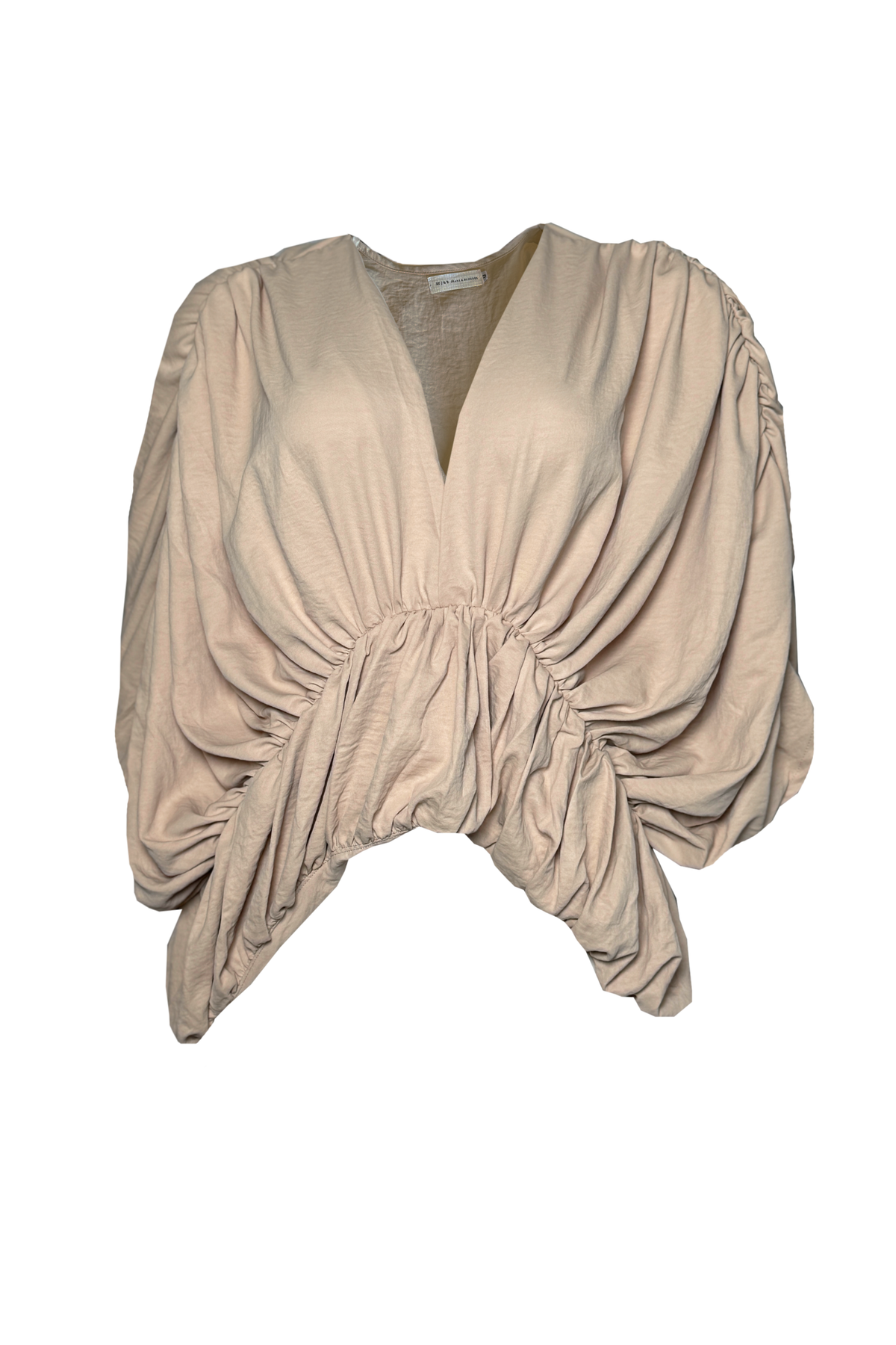 PTJ0204 blusa color arena con escote en v y mangas recogidas