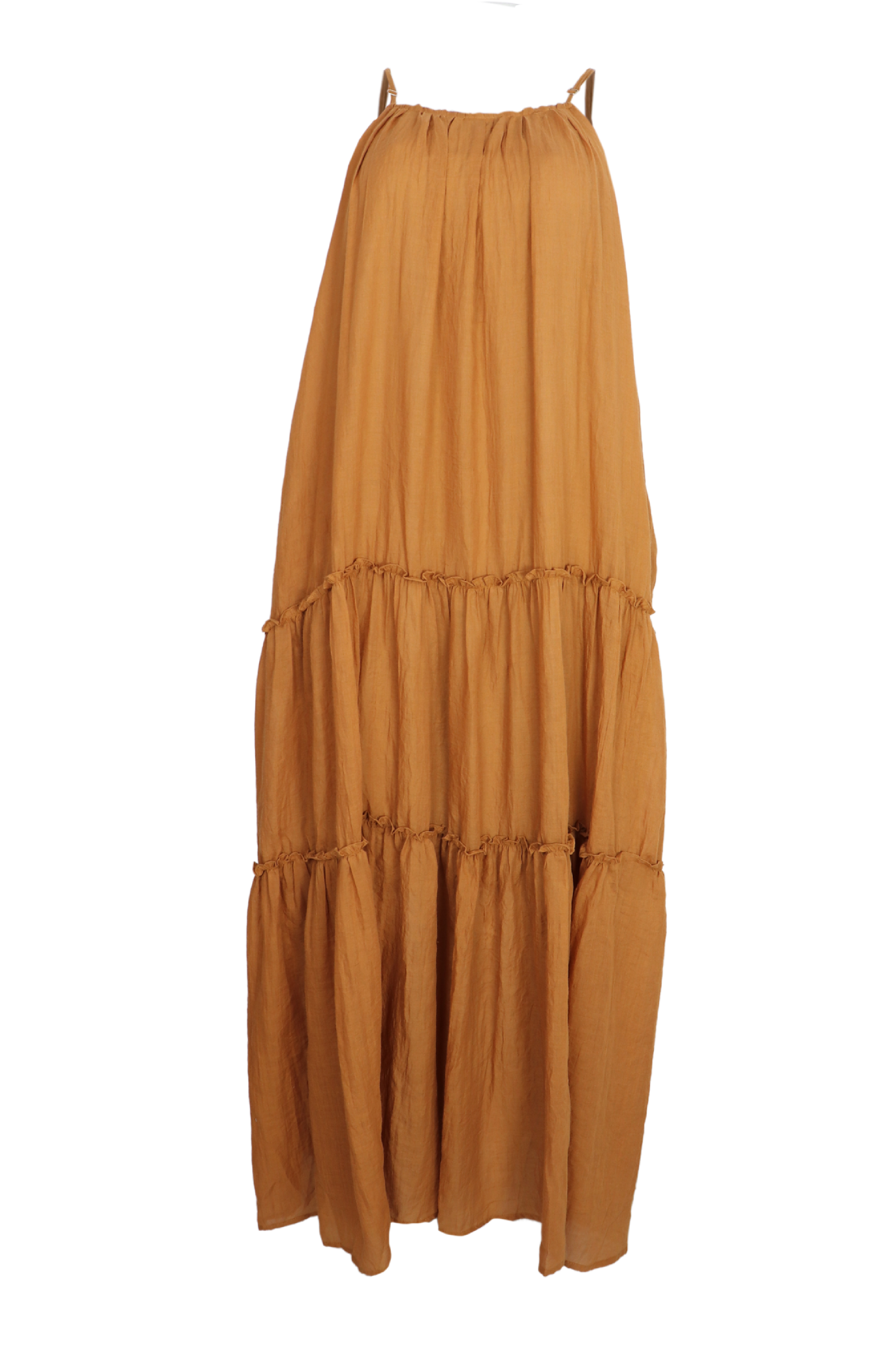 Hermoso vestito largo de tiras en hombros color camel