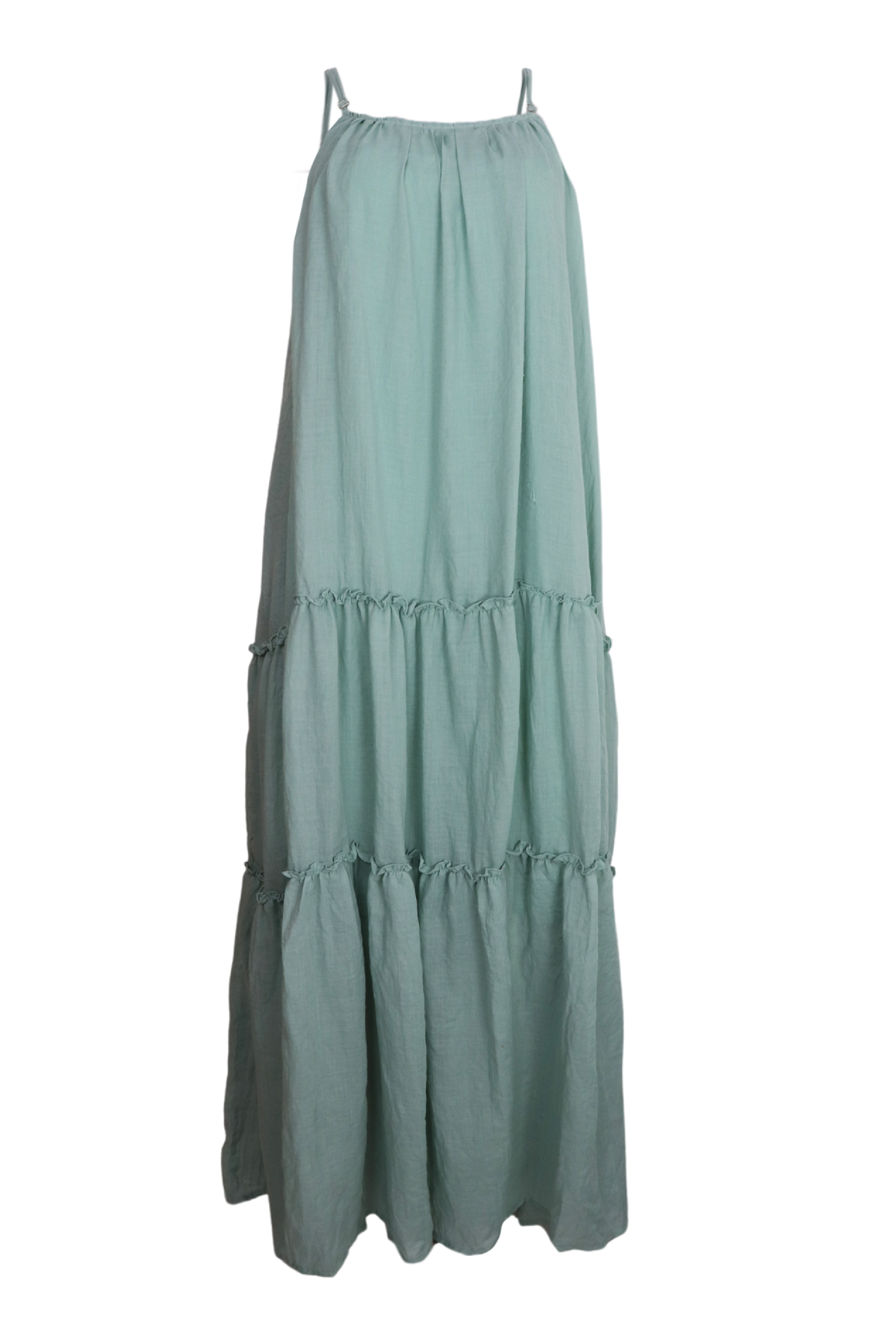 Hermoso vestito largo de tiras en hombros color verde agua