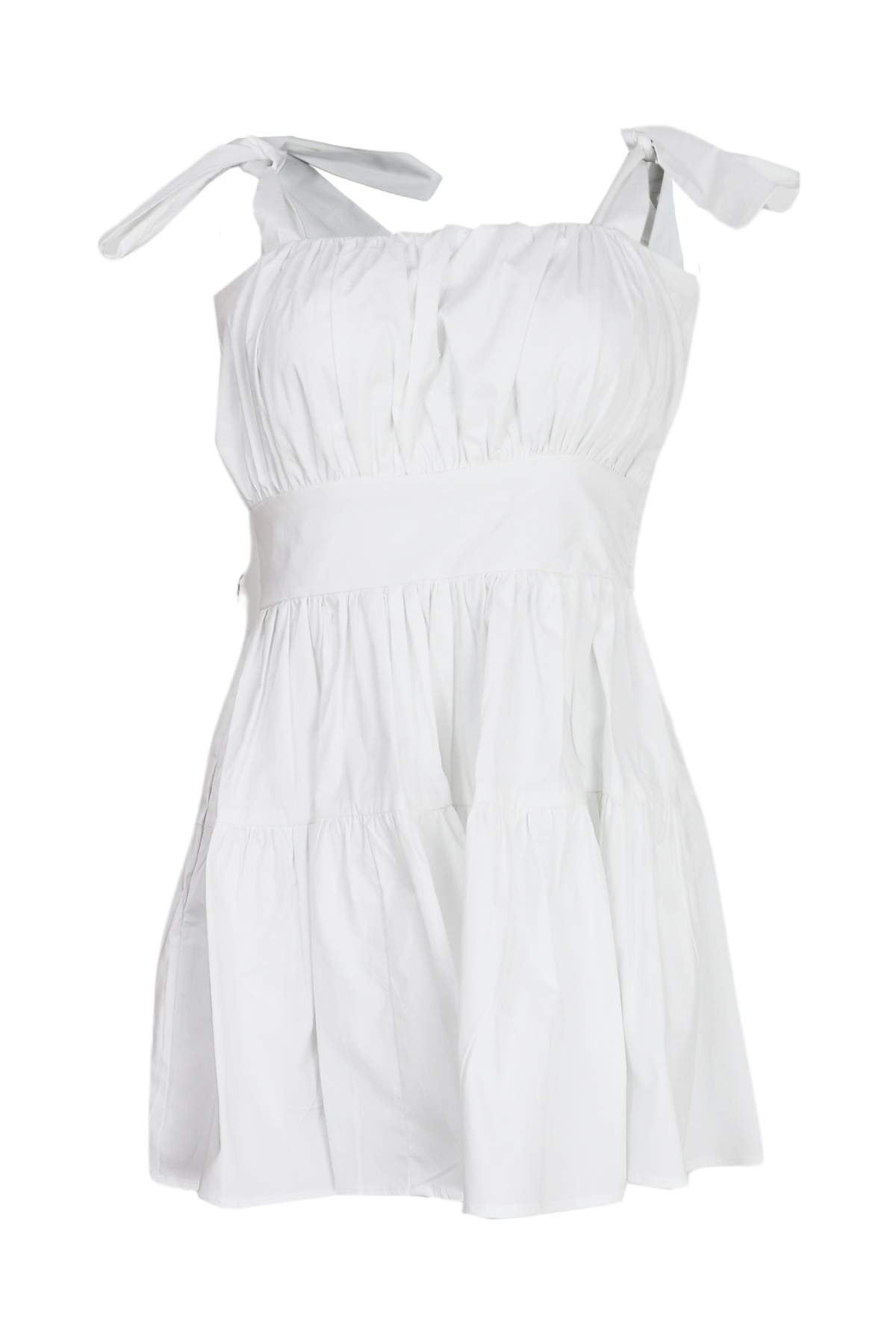 Hermoso vestido corto con recogido en el busto y cortes en la falda color blanco 