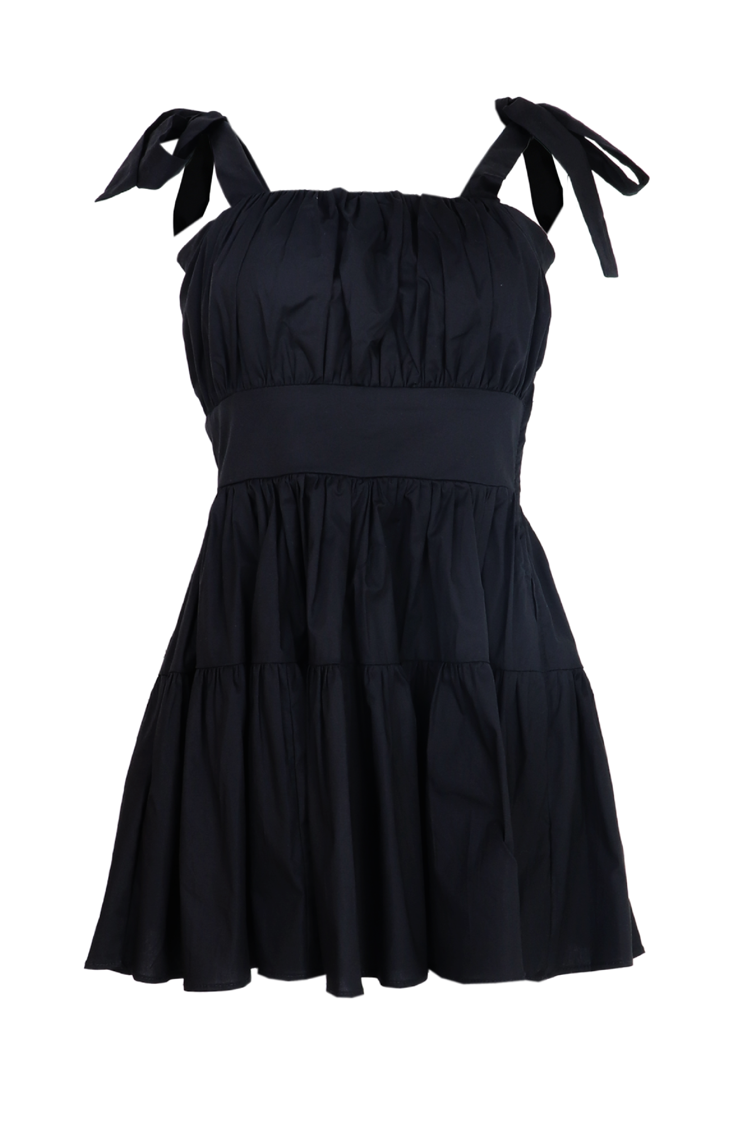 Hermoso vestido corto con recogido en el busto y cortes en la falda color negro