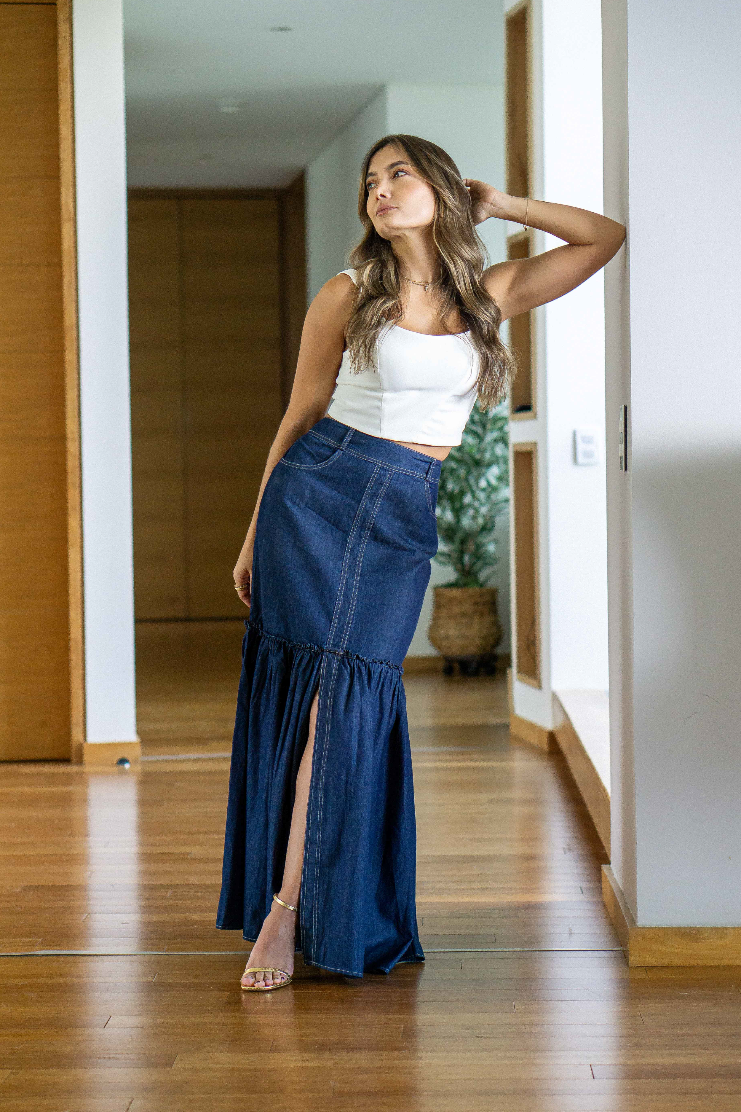 PTJ132512 crop top con falda en denim