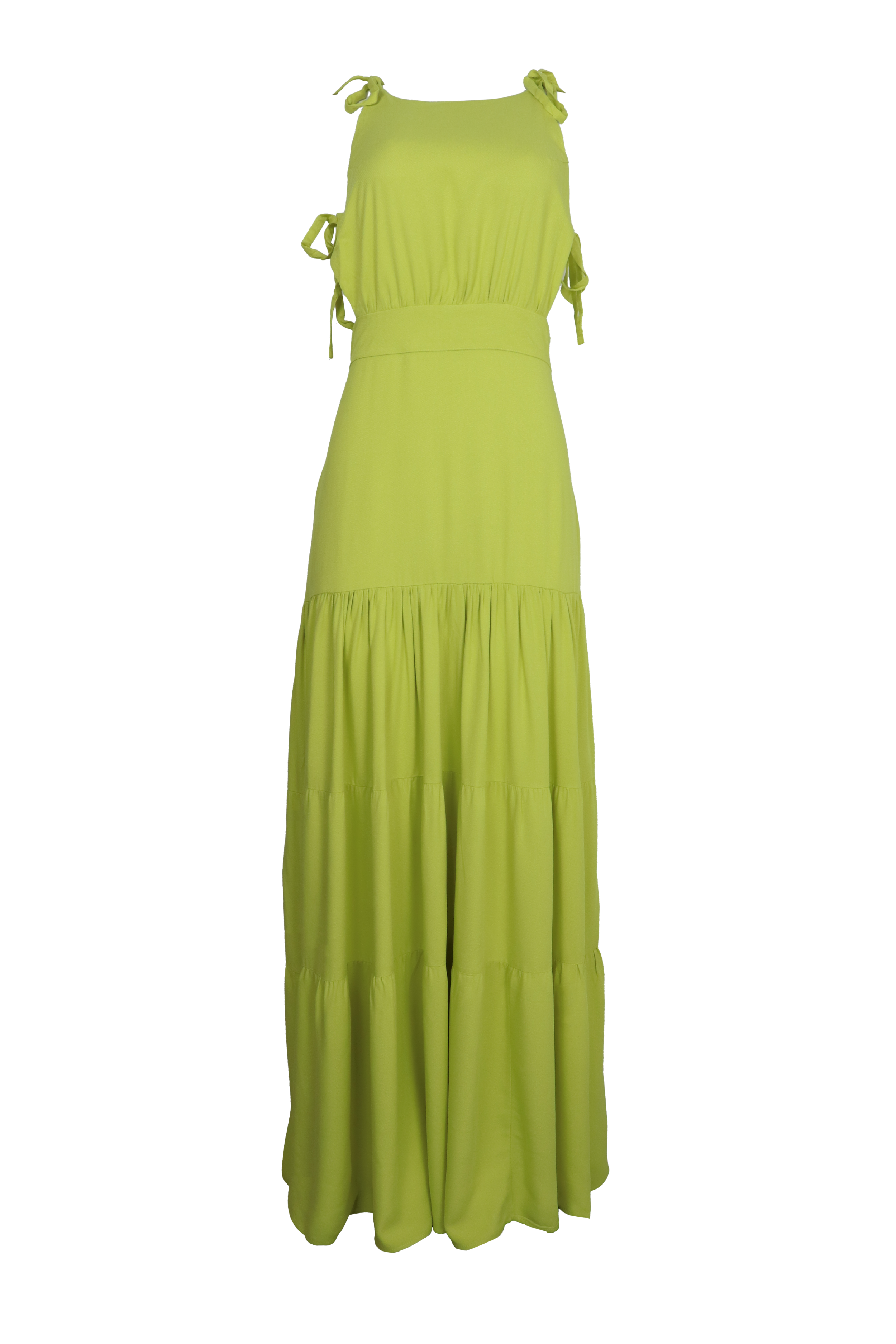 Hermoso vestido largo con amarre en hombros y en cintura de color verde