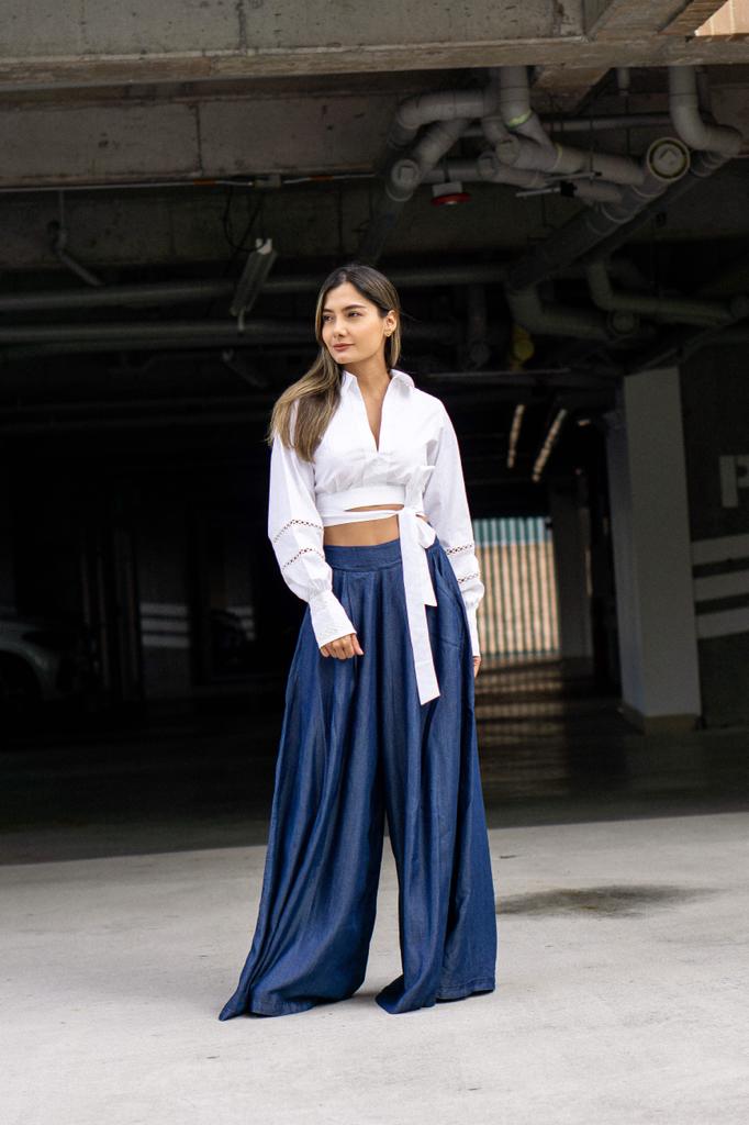 Camisa corta manga larga Shea color blanco con pantalon palazzo