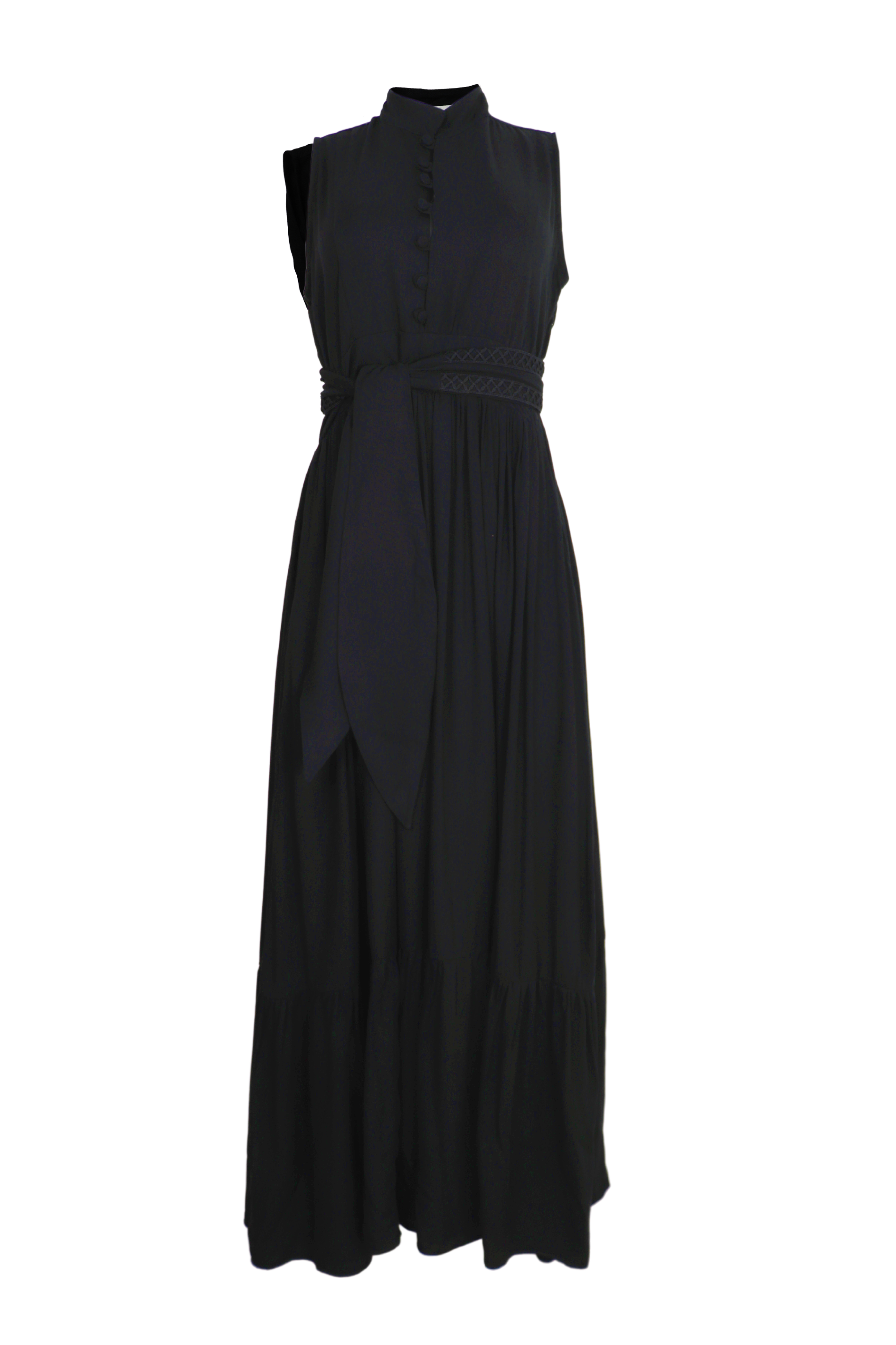 Vestido largo sin mangas Elena con cinturón con detalles bordados color negro