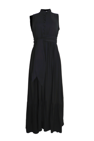 Vestido largo sin mangas Elena con cinturón con detalles bordados color negro