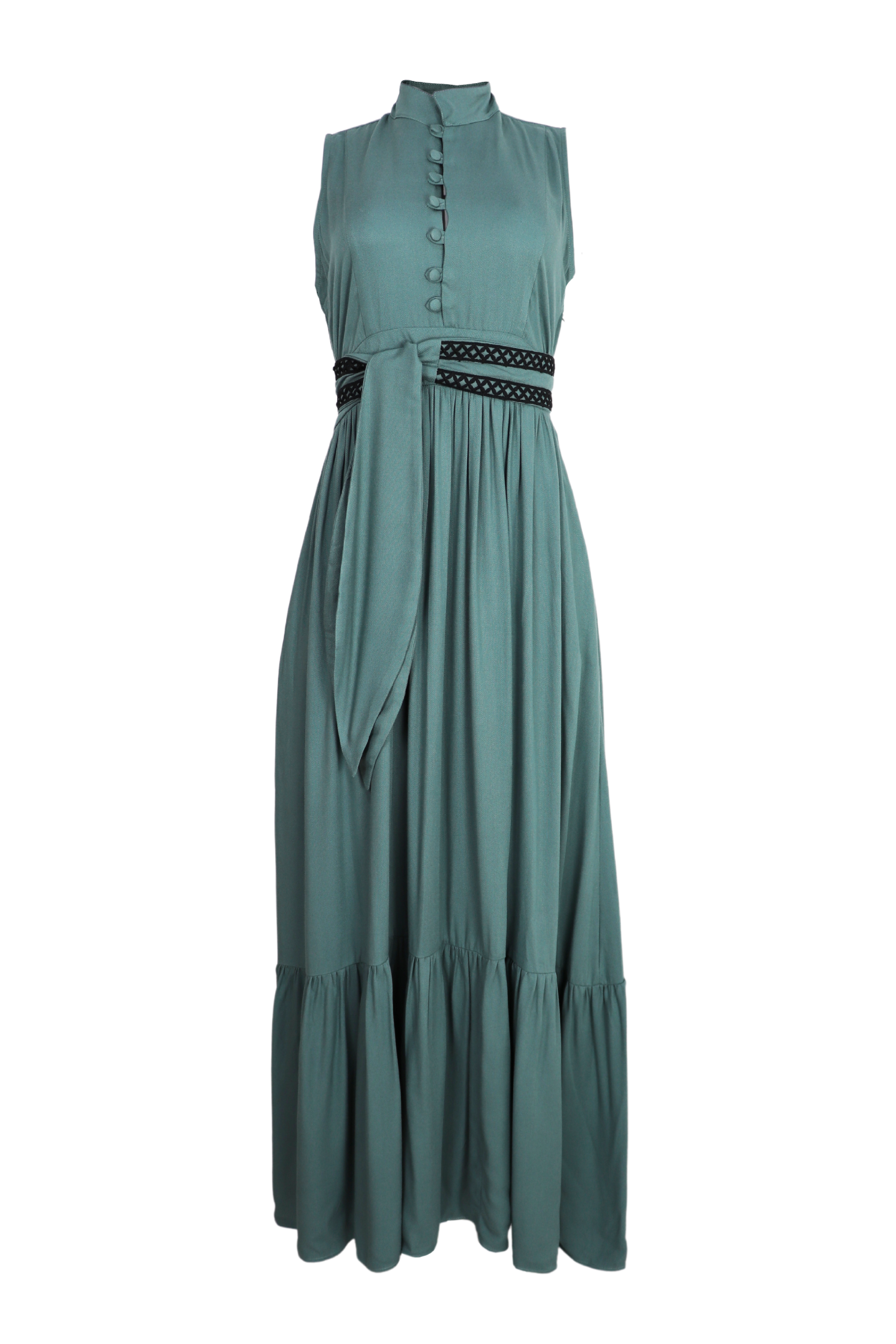 Vestido largo sin mangas Elena con cinturón con detalles bordados color verde