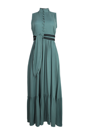Vestido largo sin mangas Elena con cinturón con detalles bordados color verde