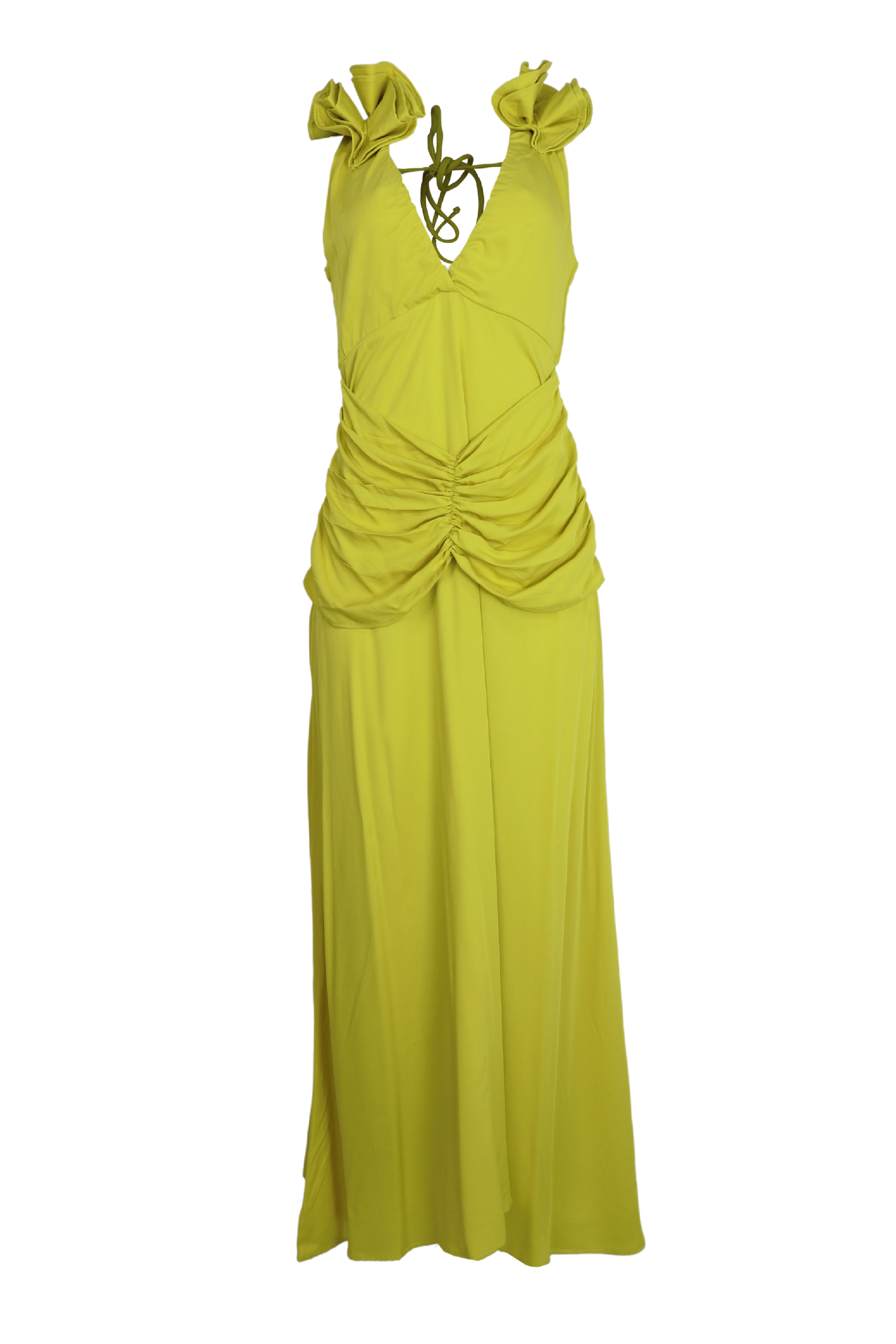Hermoso vestido largo drapeado con detalles en los hombros color verde neon
