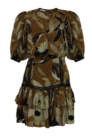 Hermoso vestido corto con un bordado en la parte de adelante color camel