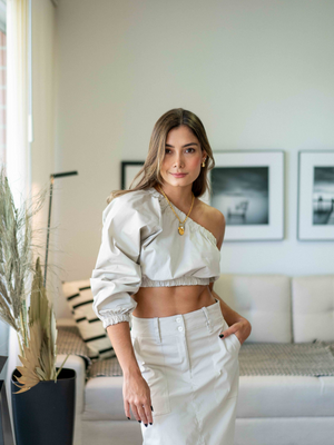 Set de blusa asimétrica con falda larga recta 