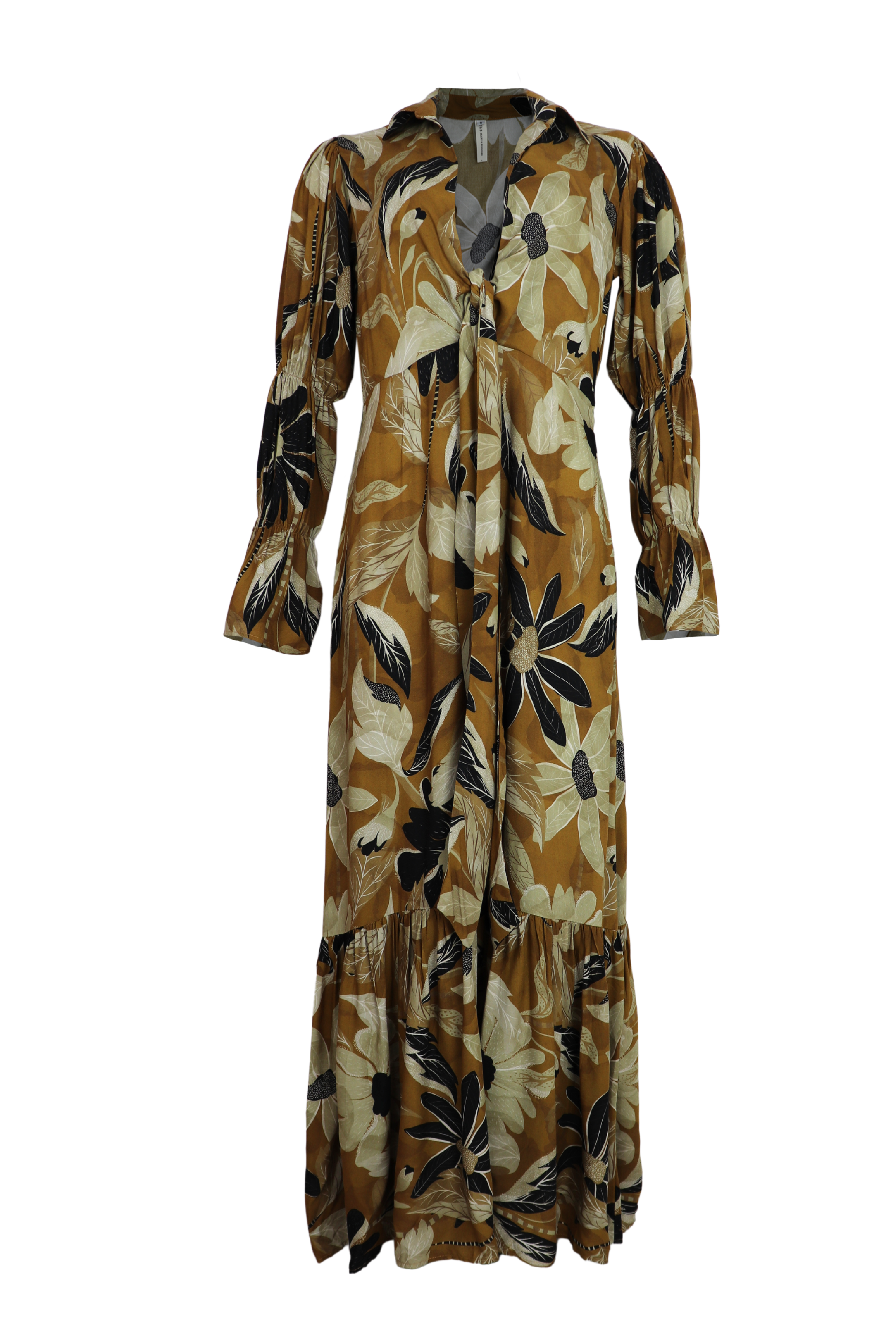Vestido largo con lazos y manga larga Sahara color camel