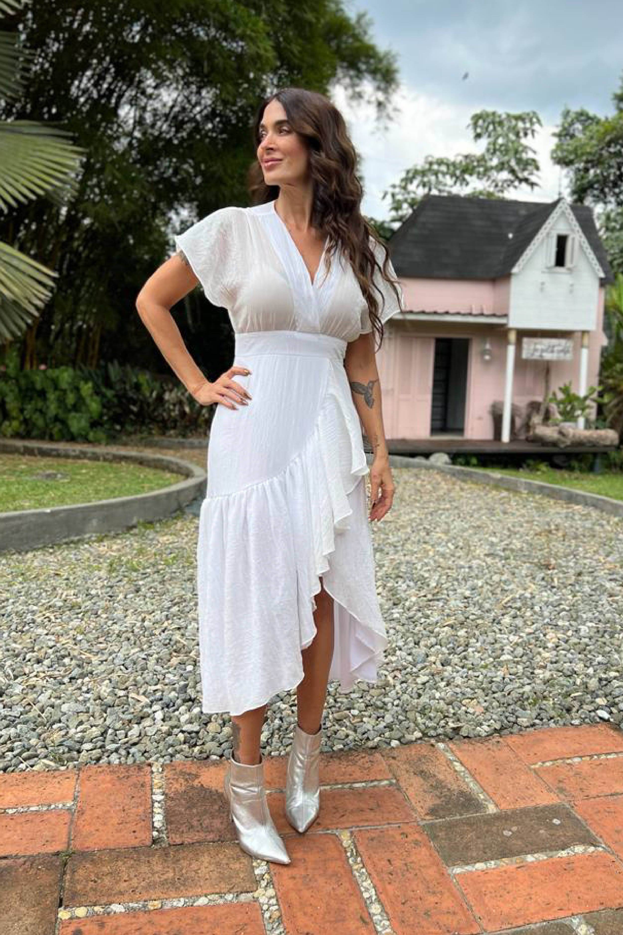 PTJ234212 vestido midi blanco con boleros