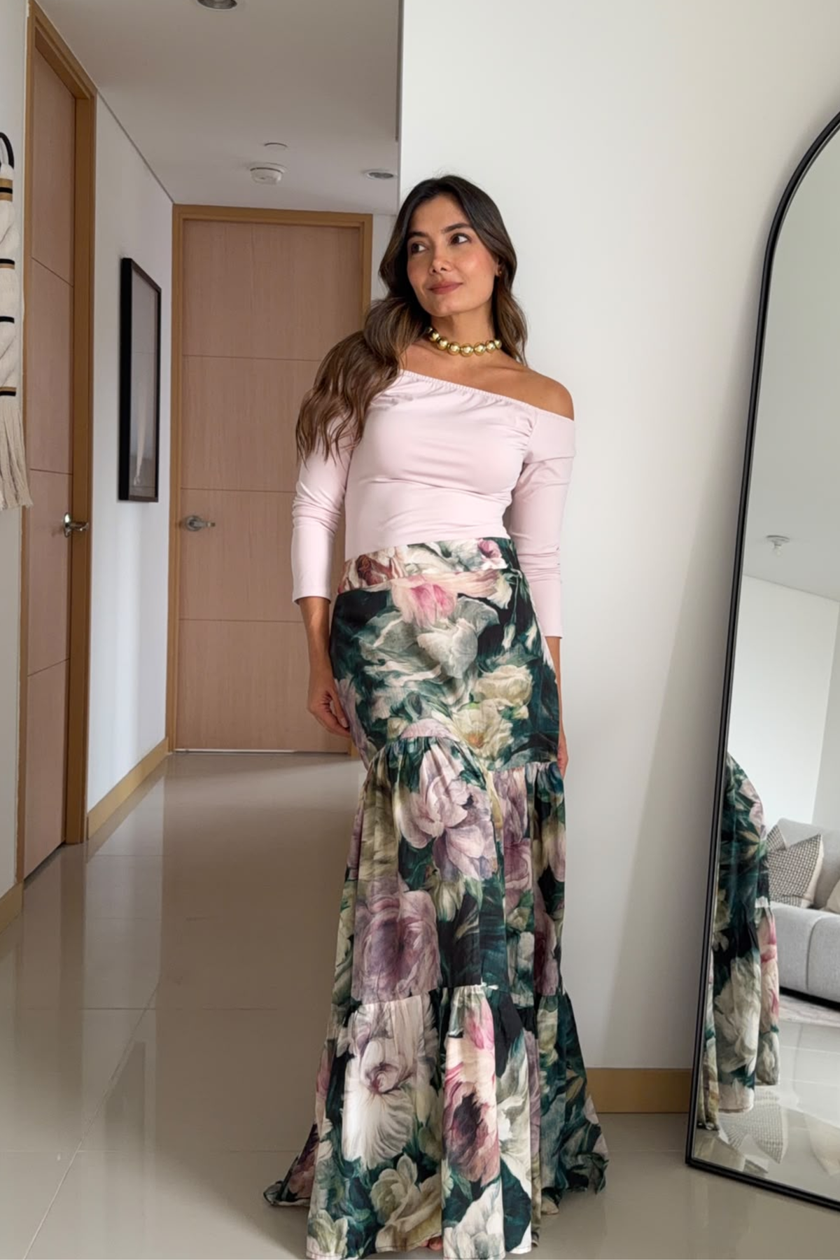 PTJ2343290 falda estampada con blusa cuello bandeja