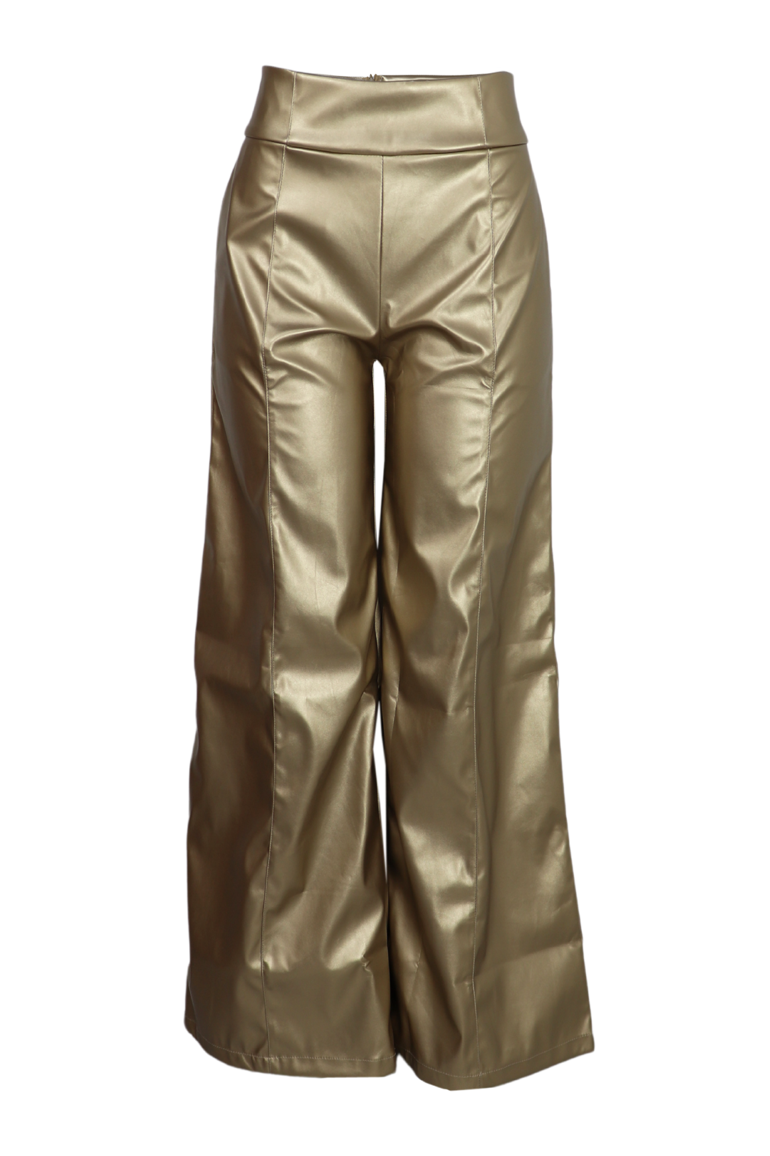 Pantalon bota recta con efecto metalizado color dorado