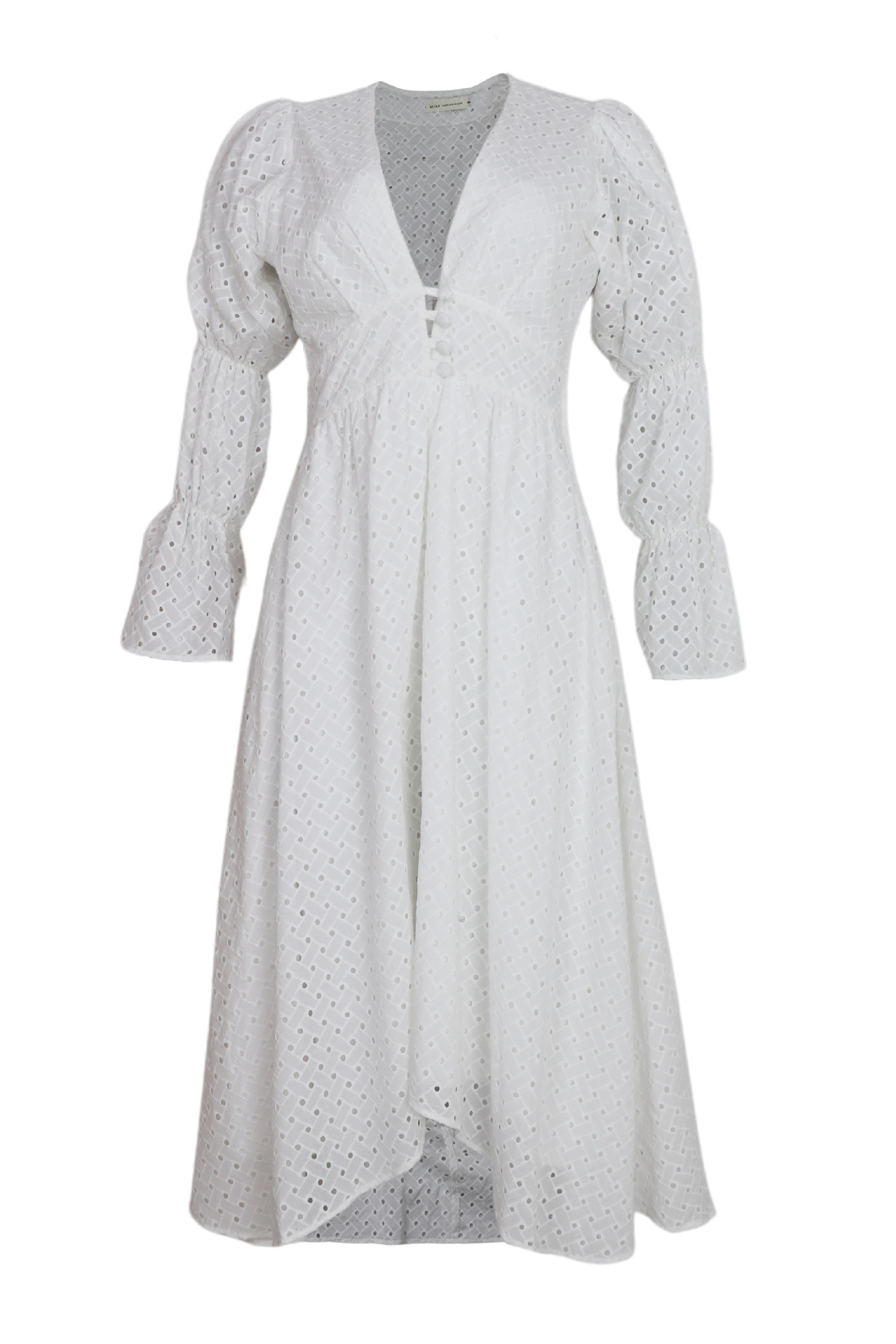 Vestido largo de ojalillo con escote y manga larga color blanco