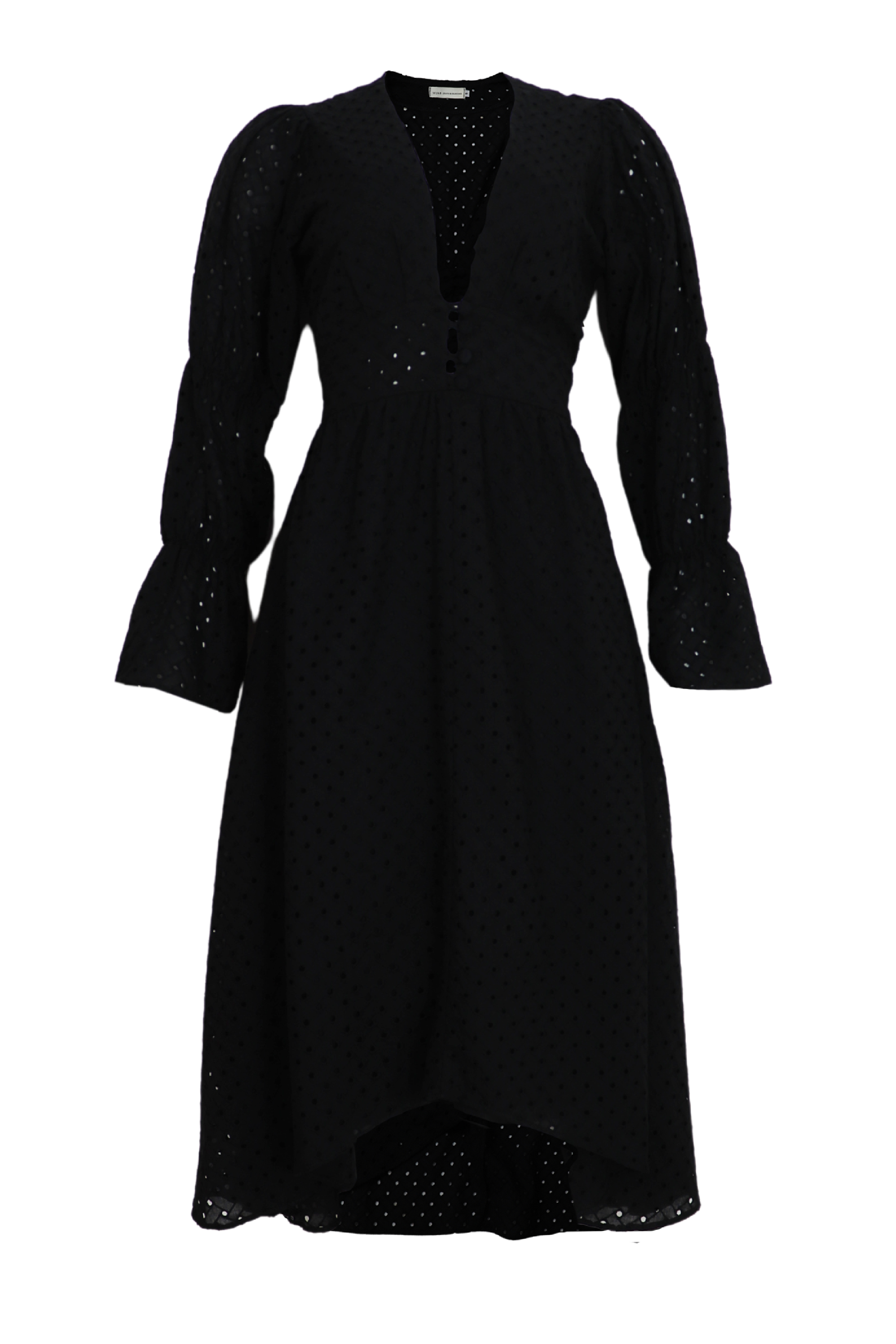 Vestido largo de ojalillo con escote y manga larga color negro 