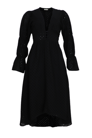 Vestido largo de ojalillo con escote y manga larga color negro 