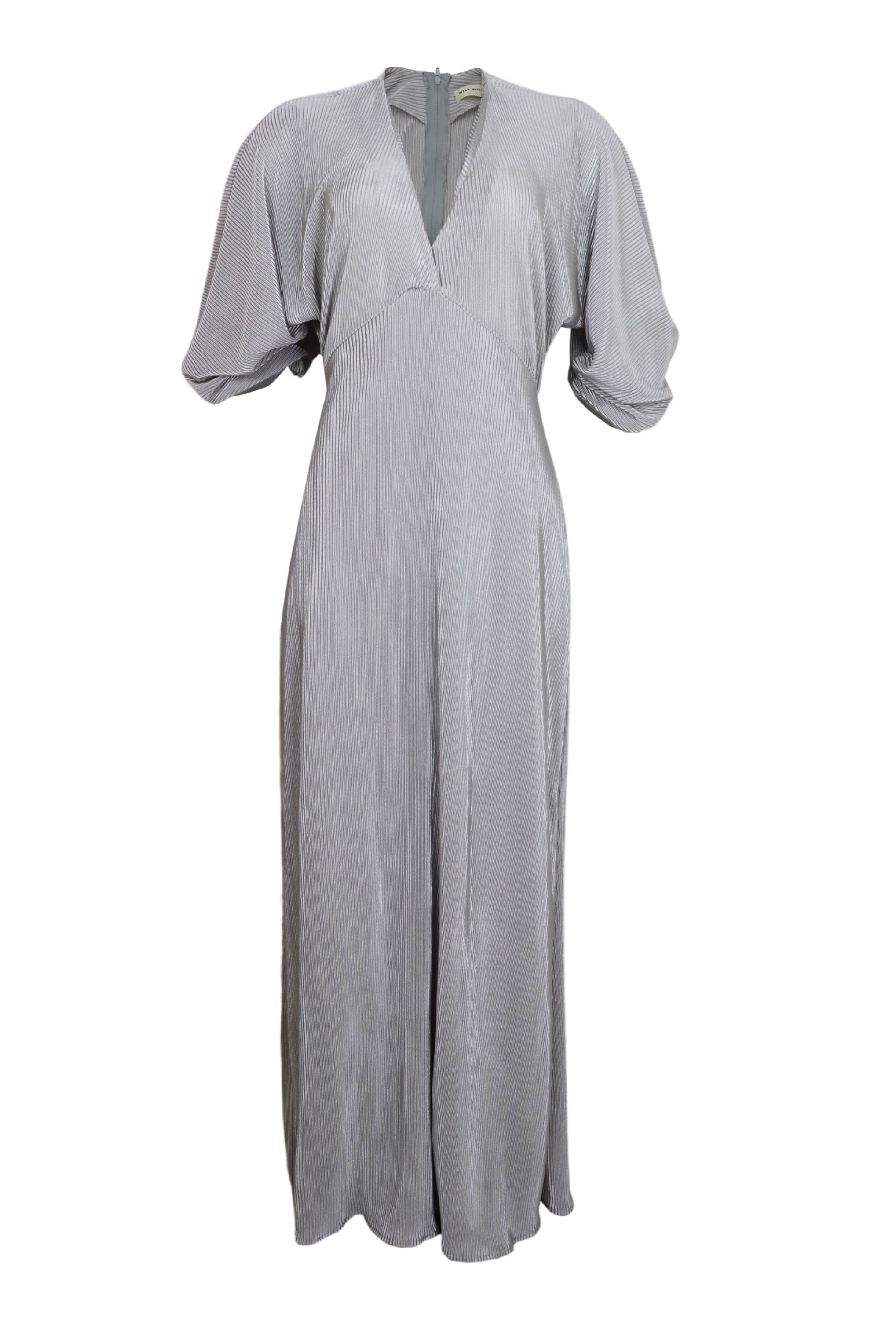 Hermoso vestido largo con mangas 3/4 color plateado