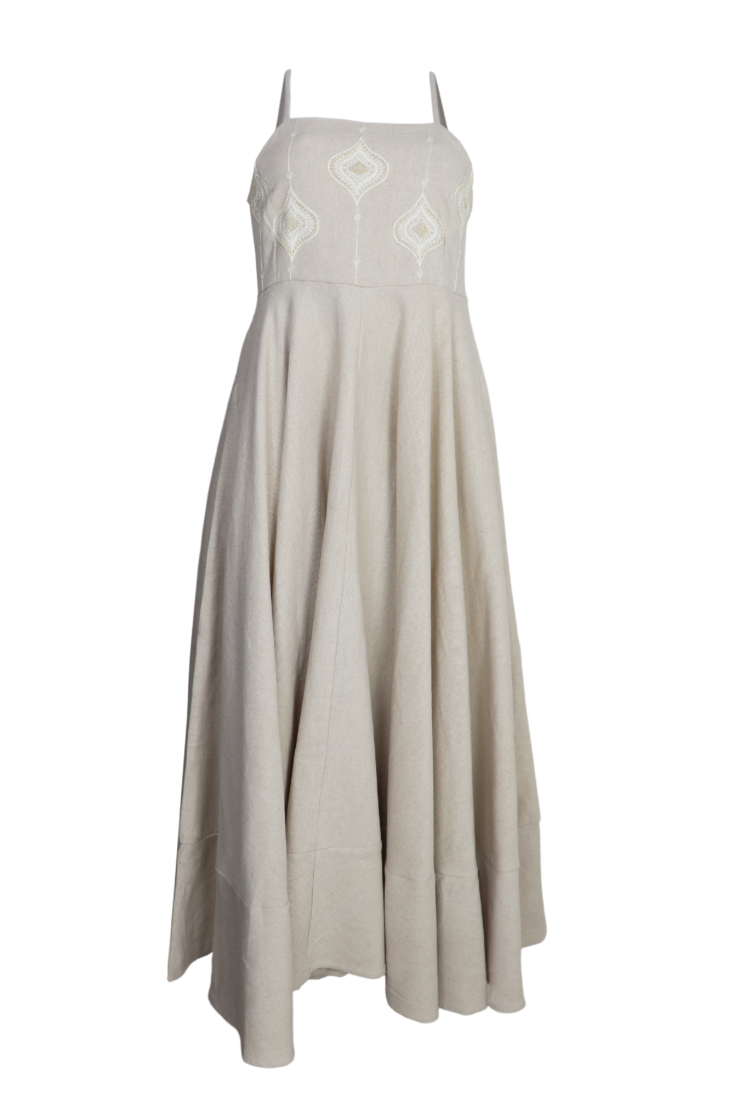 hermoso vestido largo bordado con tiras en hombros color arena