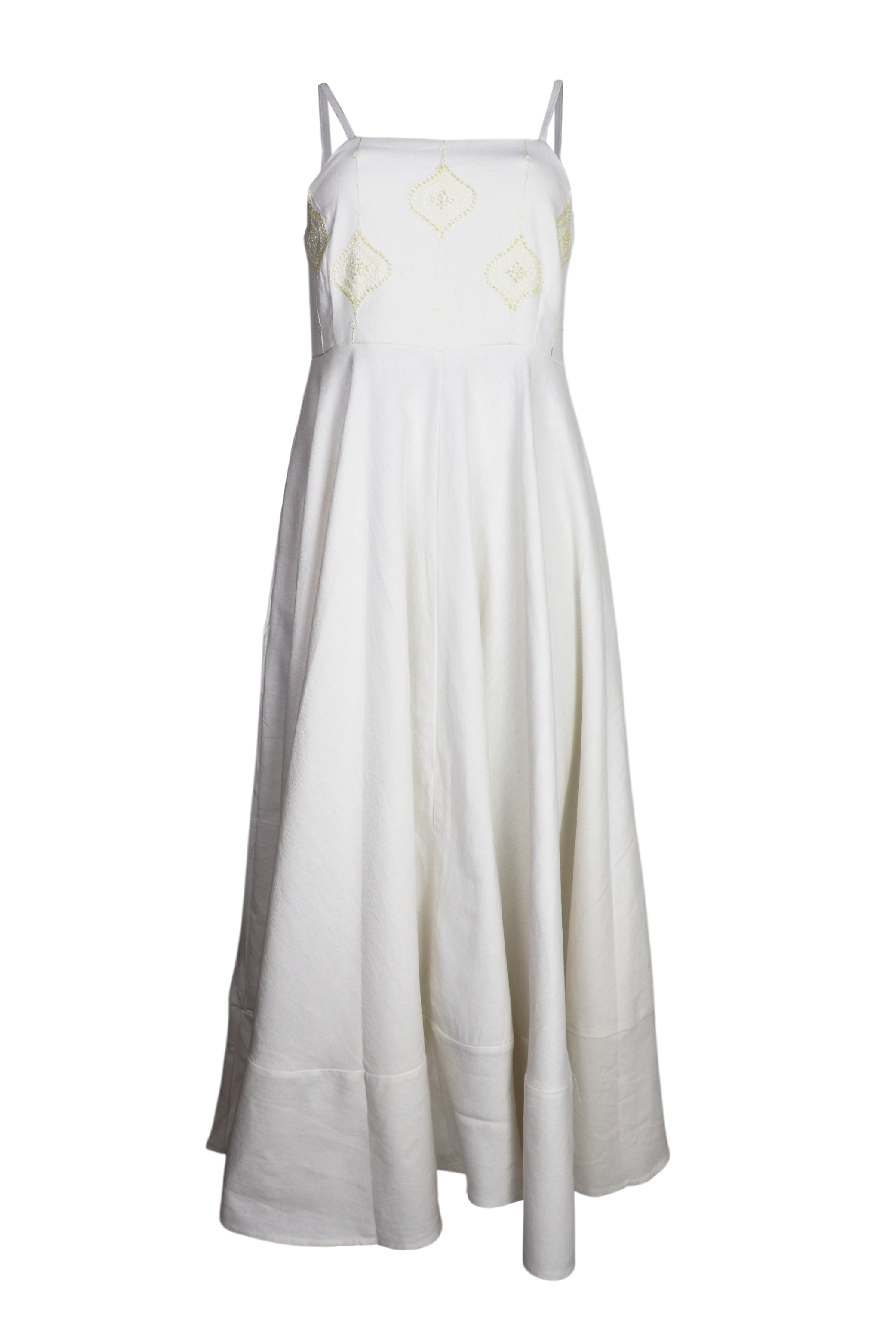 hermoso vestido largo bordado con tiras en hombros color beige
